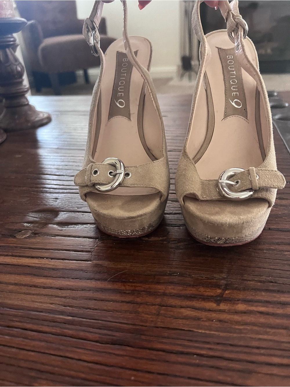 Boutique 9 Tan Suede Platform Slingback Heels with Silver Buckles